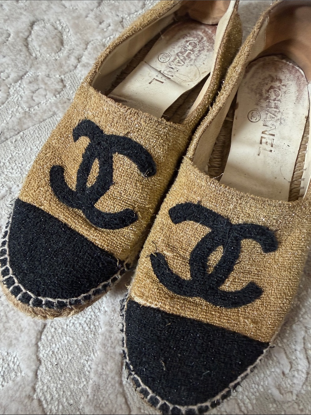 CHANEL Gold and Black Logo Espadrilles - Picture 2 of 4